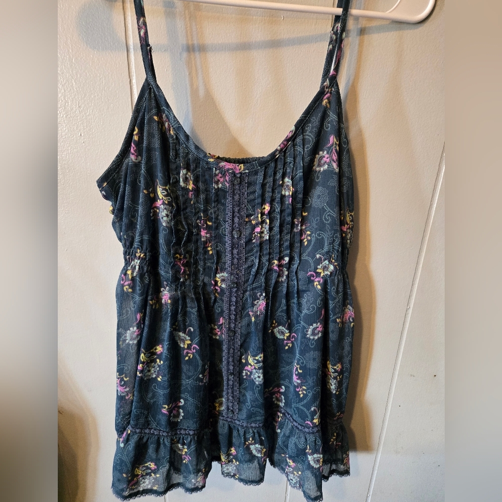 Womens Decree Floral Tank Top Adjustable Strap Navy Blye Size Medium